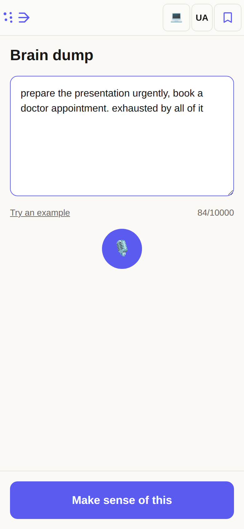 Nowio brain-dump screen