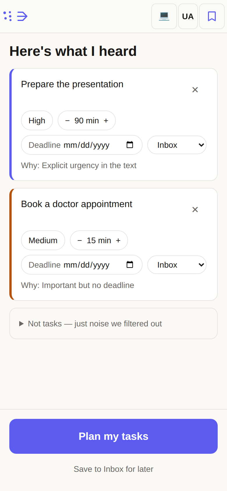 Nowio AI task review screen